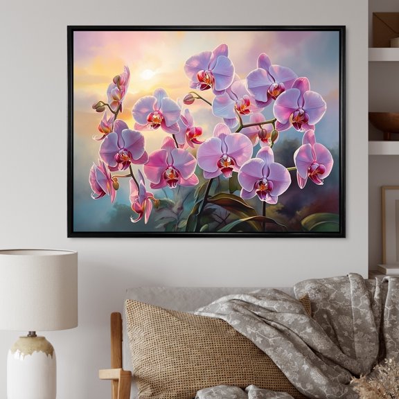 Designart "Sunset With Pink Orchids I" Orchids Floater Framed Canvas Art Print