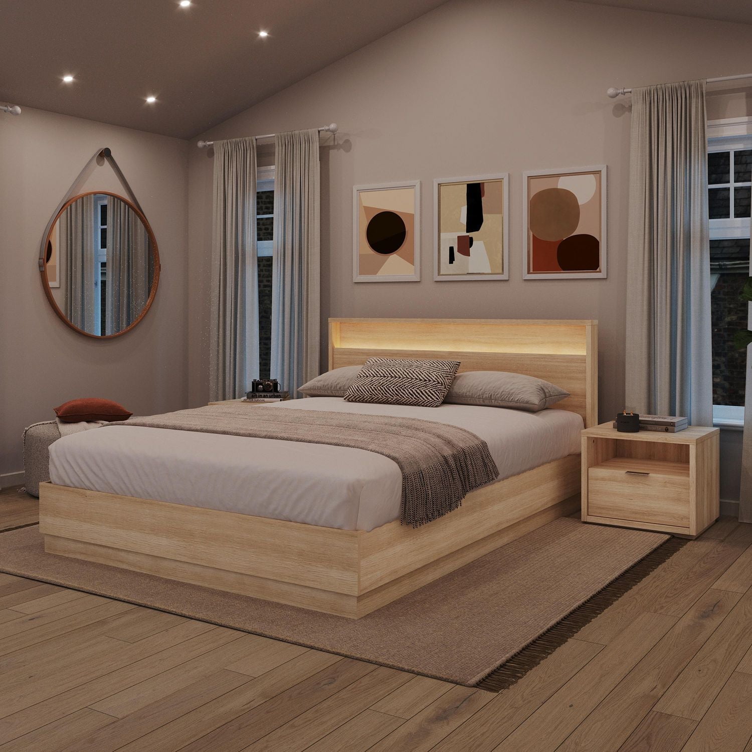 Ensemble de chambre à coucher Harlow 4 pièces avec lit queen size, sommier à lattes, tête de lit avec éclairage intégré et 2 tables de chevet.