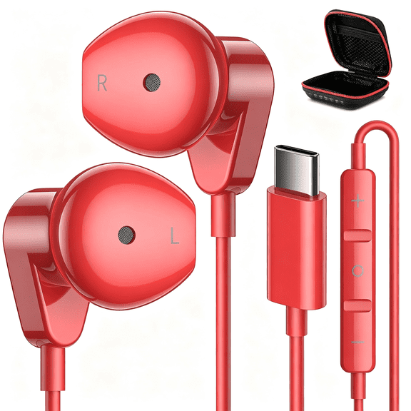 GJX Usb C Headphones Iphone 17 16 15 Pro Max/Ipad Air Earbuds Red Hifi Stereo Usb-C Wired Earbuds Microphone Volume Control Type C Earphone S26 S25 S24 S23 Ultra Pixel 10 9 8 7