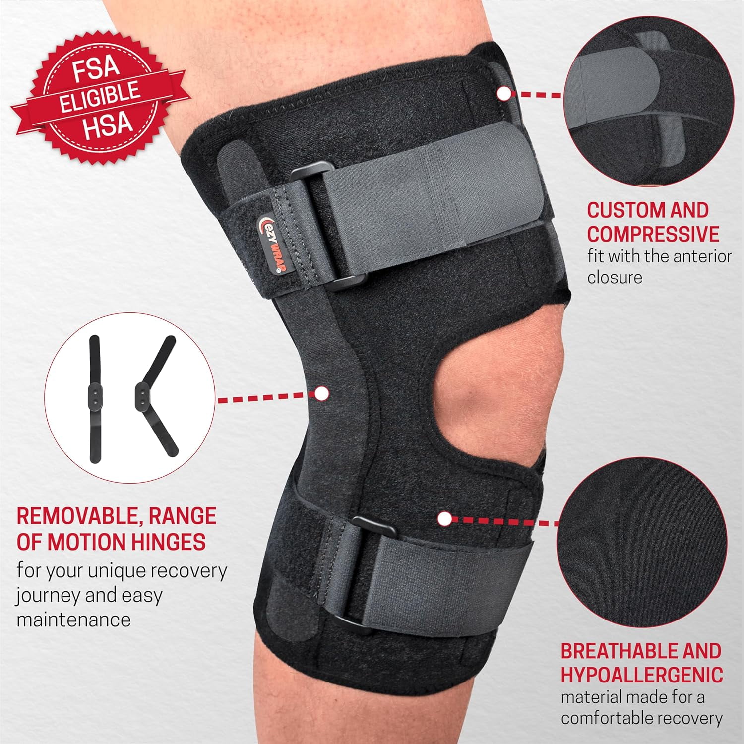 Ezy Wrap Dual Axis Hinged Knee Brace – Comfortable Compression Knee Support with Removable Hinges for Stability & Post-Surgery Recovery