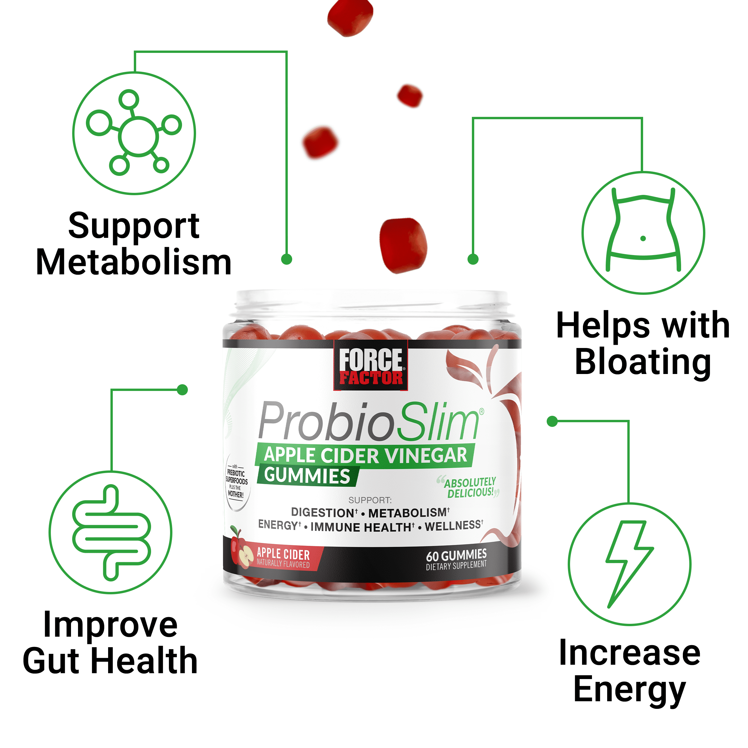 (4 pack) Force Factor ProbioSlim Keto ACV Gummies with Organic Apple Cider Vinegar & Probiotics for Bloating, Digestion & Metabolism, Apple Cider, 60 Gummies