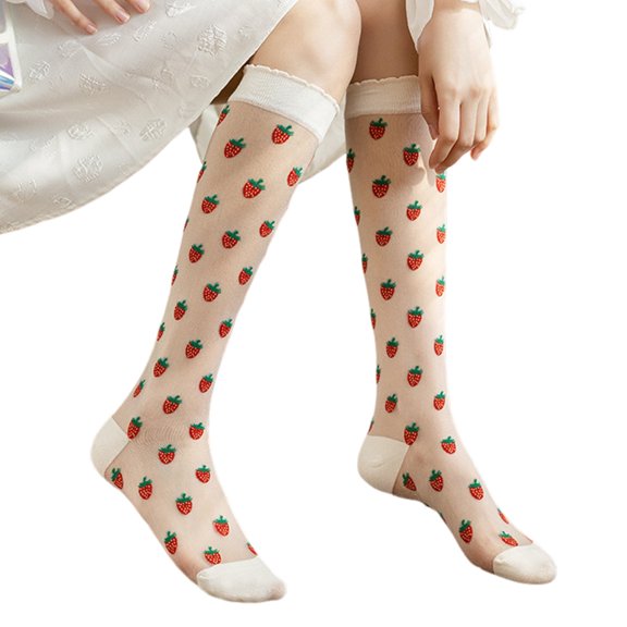 Elegant Strawberry Patterned Ultrathin Transparent Mesh Long Socks for Women