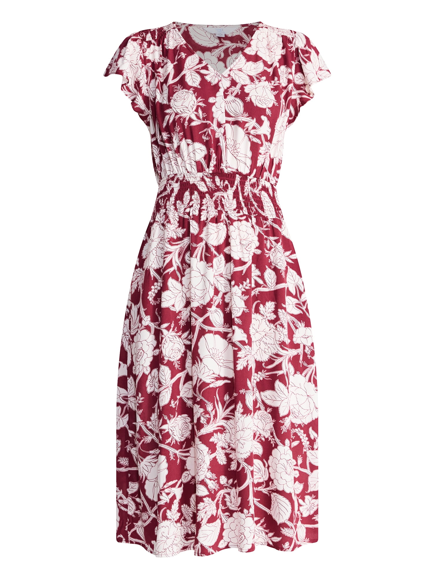 Time and Tru Women’s and Women’s Plus Smocked Waist Midi Dress with Flutter Sleeves, Sizes XS-4X