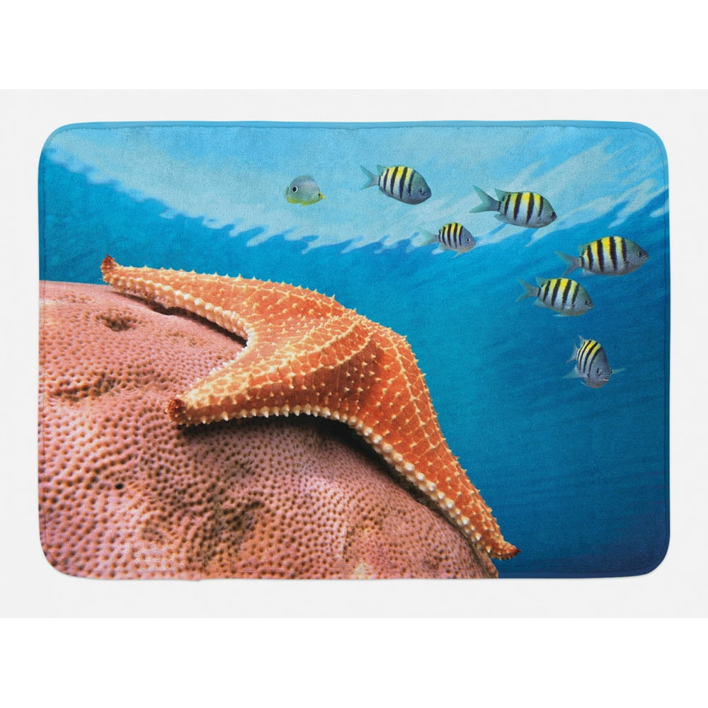 Starfish Bath Mat, Starfish Hard Coral with Group of Damselfish Water ...