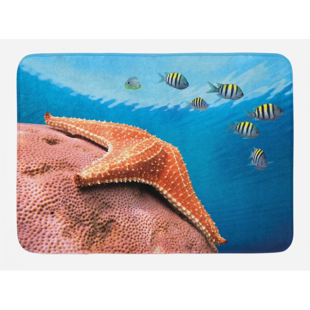 Starfish Bath Mat, Starfish Hard Coral with Group of Damselfish Water
