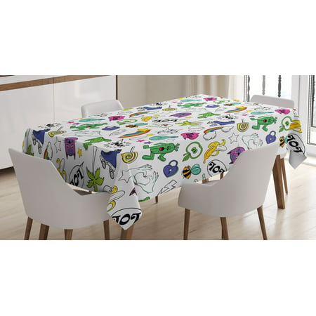 Emoji Tablecloth, Vivid Colored Collection of Fun Retro Cartoon Figures in 80s and 90s Comic Style, Rectangular Table Cover for Dining Room Kitchen, 52 X 70 Inches, Multicolor, by (Best Cartoons Of The 80s And 90s)