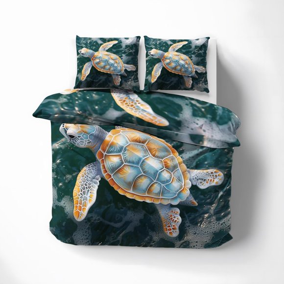 Duvet Cover Set, Light Green Duvet Cover with Marine Animal Pattern Comforter