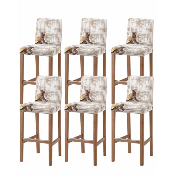 Western Cowboy Boots Bar Stool Covers Set of 6, Vintage Country Brown Wooden Stretch Washable Bar Chair Covers with Backs, Removable Pub Counter Height Chair Cover for Kitchen Dining Room Cafe