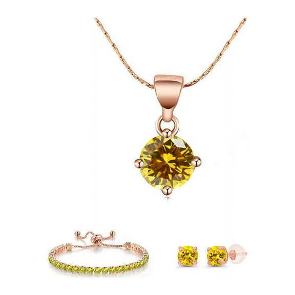 Bonjour Jewelers 10k Rose Gold 6 Ct Round Created Yellow Sapphire Set Of Necklace, Earrings And Bracelet Plated