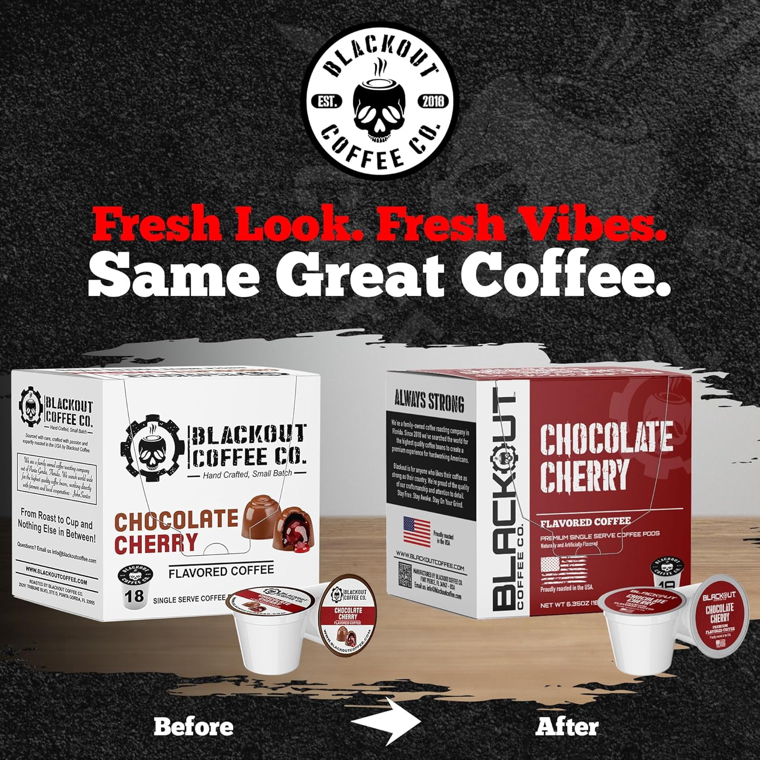 Blackout Coffee Chocolate Cherry Flavored Coffee Pods – Premium Roasted, Smooth Taste, Guilt-Free Indulgence – 18 Count Single-Serve Coffee Pods