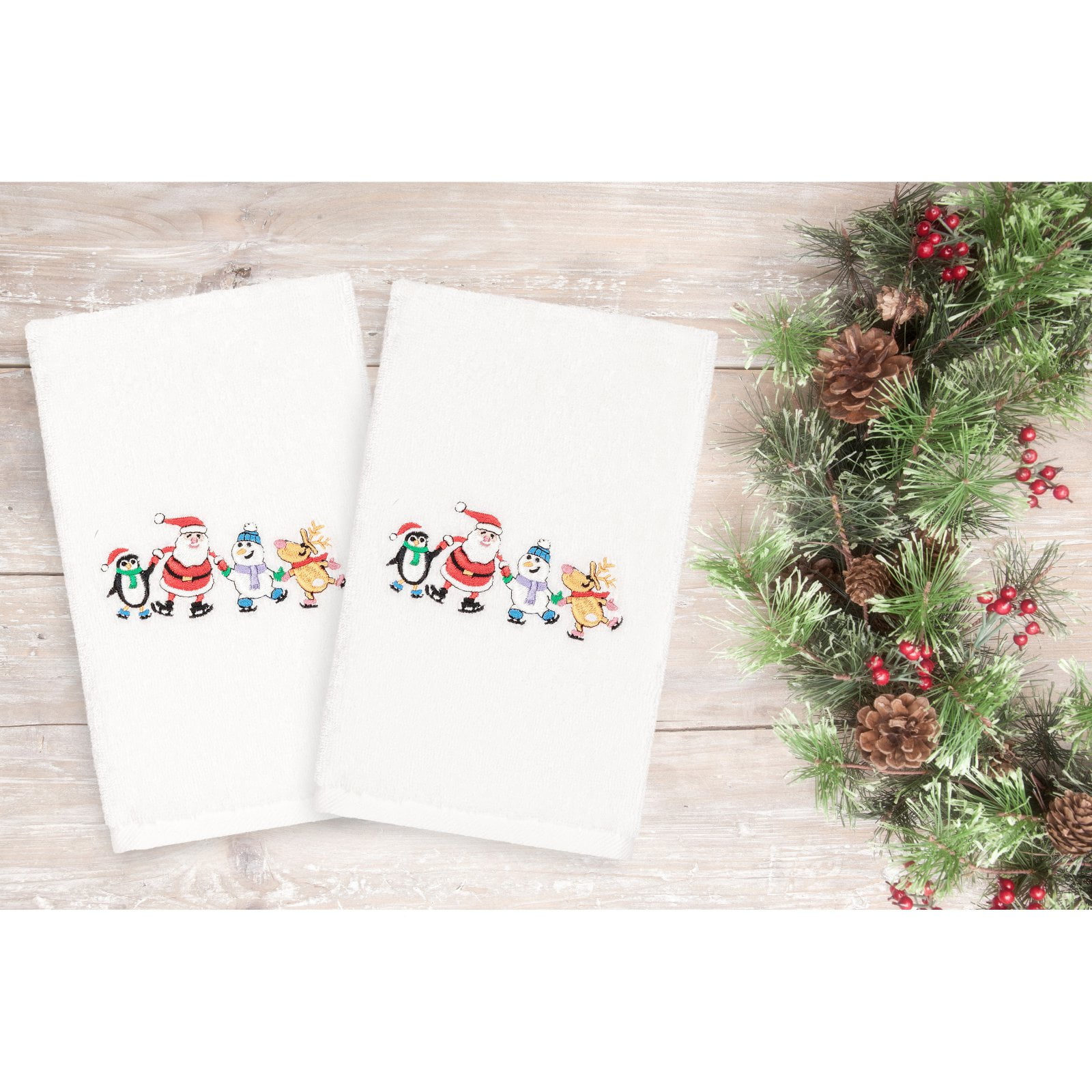 Linum Home Textiles Christmas Skating Party Embroidered Turkish Cotton Hand Towel - Set of 2