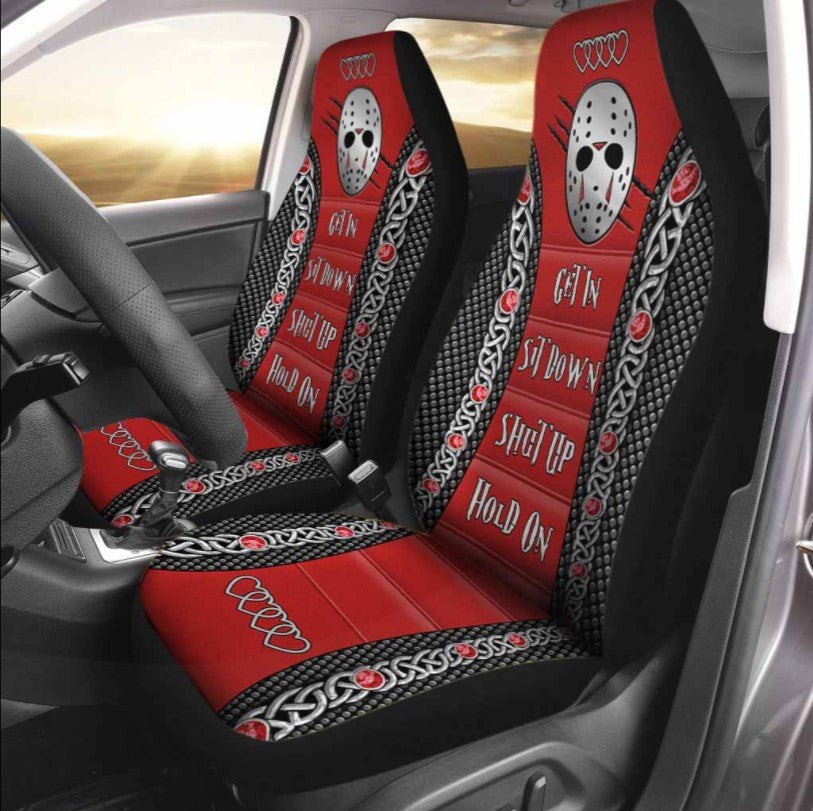 Jason Get In Sit Down Shut Up Hold On Voorh Car Seat Covers Set 2Pc With Foaming Lining, Halloween Decorative Automotive Car Decor. Horror Movies Halloween Car Decor