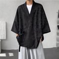 thumbnail image 3 of Ticikt Men's Satin Jacquard Kimono Cardigan, Short‑Sleeve Japanese‑Style Wrap Jacket with Side Tie Pockets for Casual Streetwear & Loungewear,Black, 3 of 4