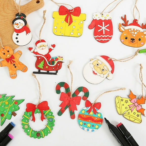 tasrioml 12 Pcs Wooden Christmas Ornaments to Paint DIY Blank Unfinished Wood Reindeer Santa Claus Christmas Tree Bell Wreath Cutouts for Winter Hanging Decorations