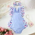 thumbnail image 2 of MIASHUI Baby Girls Onesie Ruffles Sleeveless Bow Print Striped Romper with Headband,Blue,6-12 Months, 2 of 6