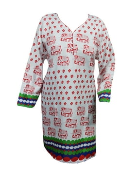 Mogul Women's White Rayon Kurti Ethnic Print Summer Comfy Casual Tunic Dress