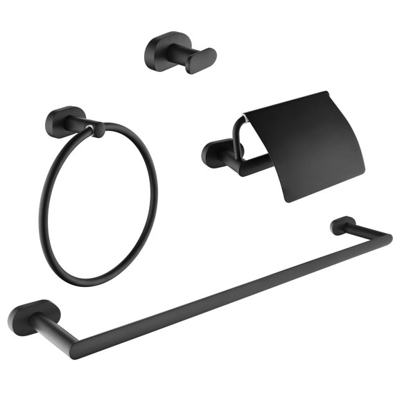 Ancona Matte Black 4-Piece Bathroom Accessory Set – Towel Bar + Ring + Hook + Toilet Paper Holder