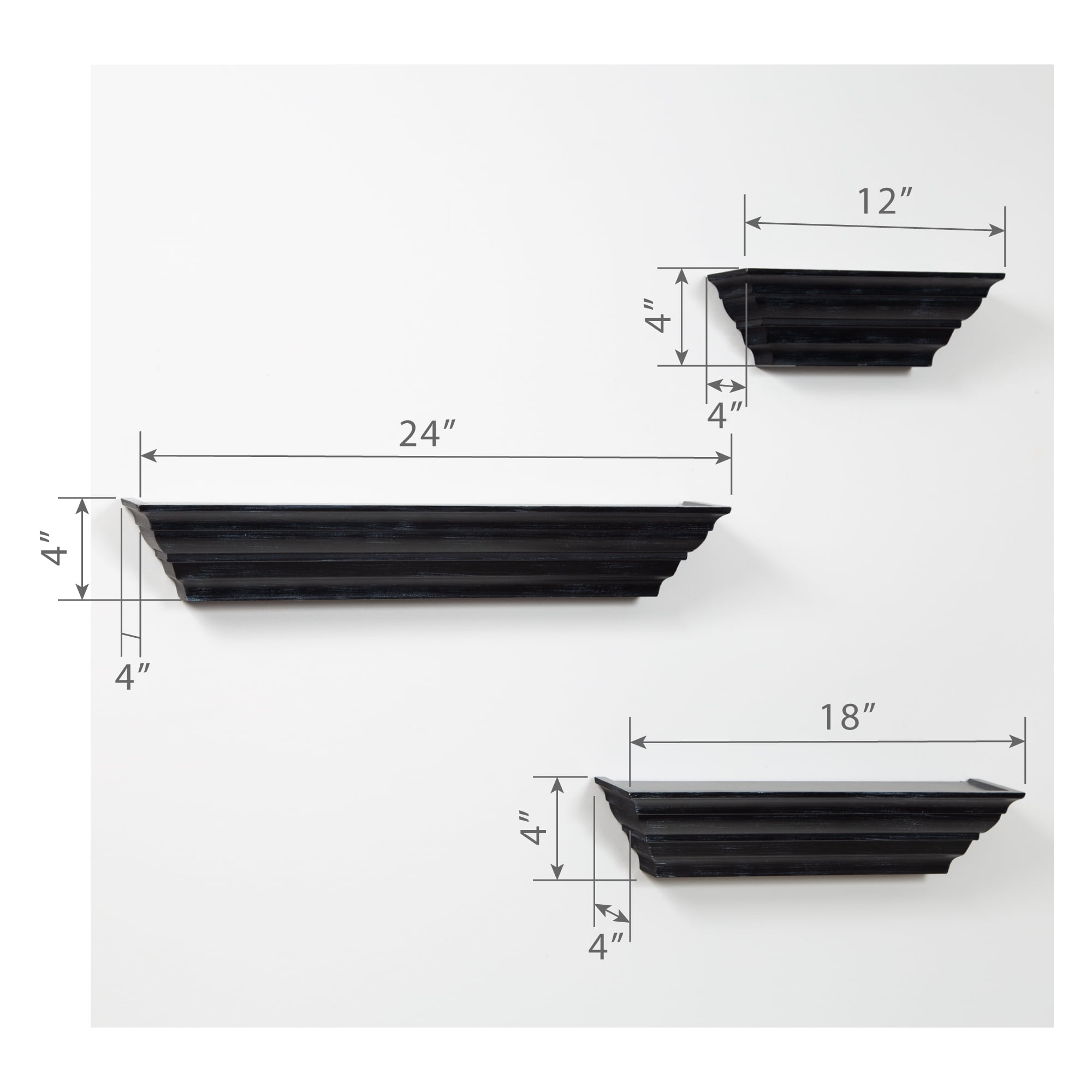 Gallery Solutions Traditional Distressed Black 3 Piece Floating Ledge Shelf Set