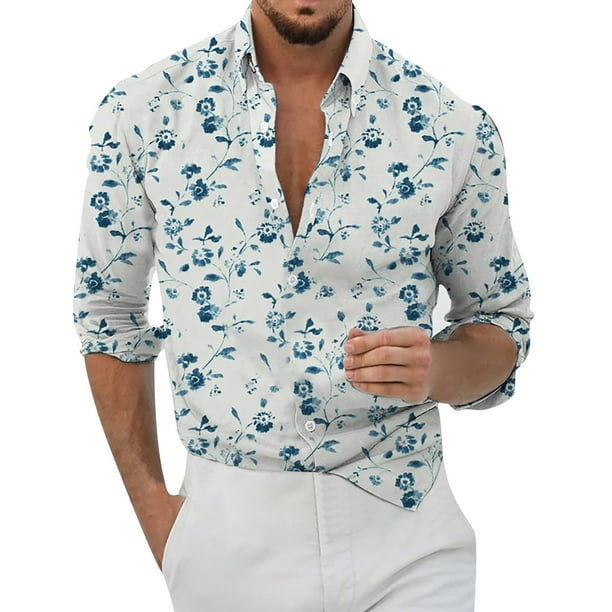 Camisas Para Hombre Manga Larga Negra Casual Hombres Solapa suelta Estampado geométrico Manga larga Puños Botón Puerto Estilo Floral Camisa Playa Hawaiianss Verano Top (Dark Blue, M)