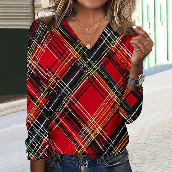 VgaVtl Long Sleeve T Shirts for Women V-Neck Womans Tops Regular Office Casual Red Plaid Retro Shirts,M