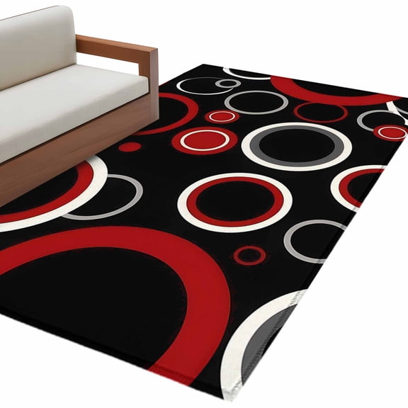 Red Black 3'x5' Washable Rug, Abstract Modern Geometric White Grey Circle Non-Slip Area Rugs for Entryway Kitchen Classroom, Dorm Throw Carpet, Low Pile Soft Indoor Floor Mat