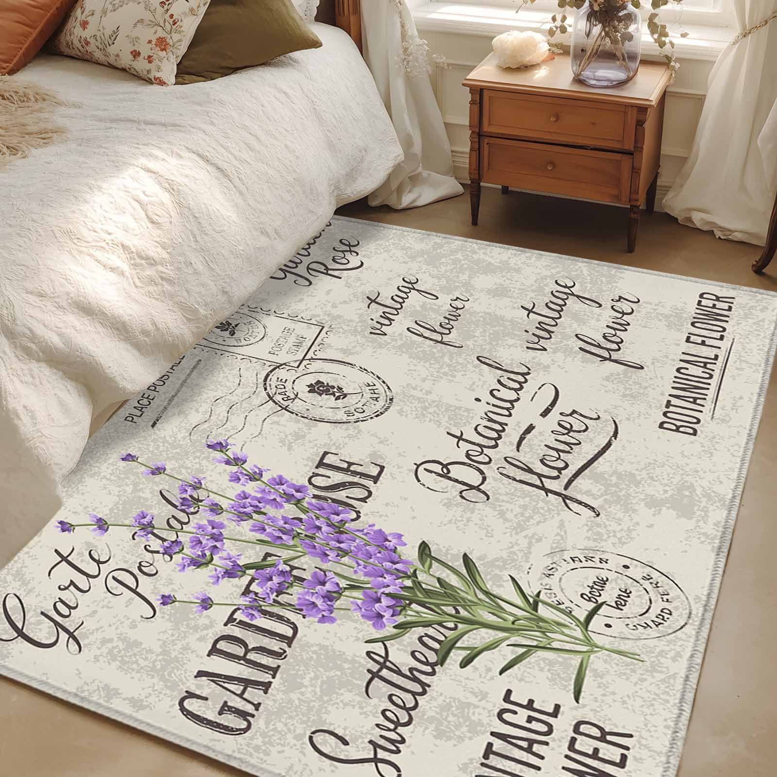 Kitchen Mats for Floor 3x5 Ft, Purple Lavenders Eater Non Slip Area Rugs for Kitchen Bedroom Entryway, Vintage Floral Retro Art Washable Carpet Runner Rug Floor Mats for Bedroom Home Decor