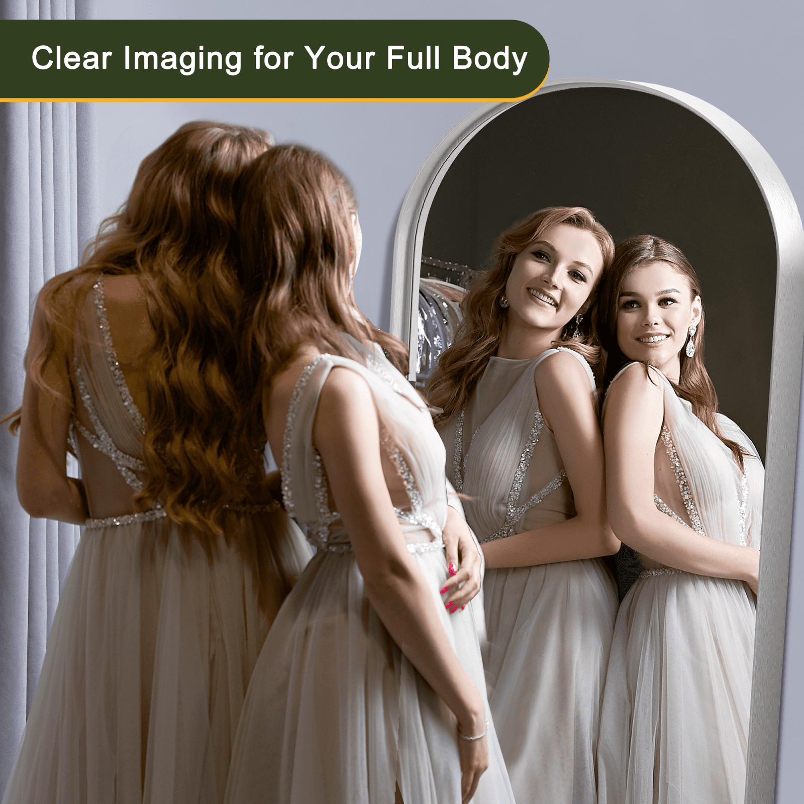 64"x21" Aluminum Alloy Wall Mount Rounded Corner Arched Mirror,Silver Vertical hanging without bracket