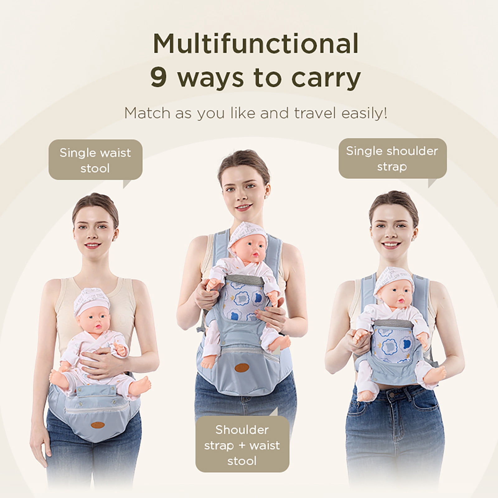 Babyltrl 6-in-1 Baby Carrier with Hip Seat, Ergonomic Baby Wraps Carrier, Head Support and Breathable Mesh for Newborn Toddlers up to 44 lbs, Blue