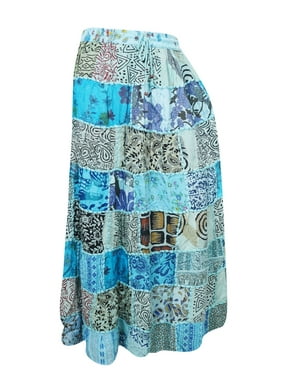 Mogul Women Vintage Patchwork Long Skirt Blue A-LINE Gypsy Hippie Chic Ethnic Maxi Skirts
