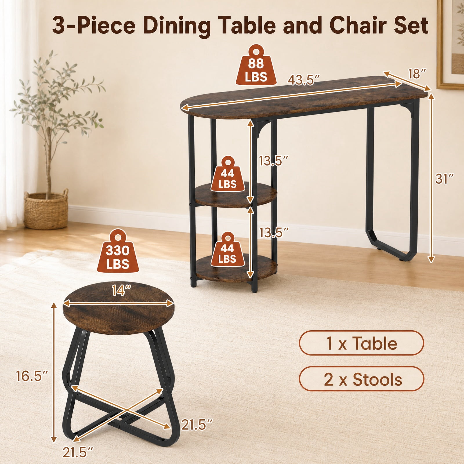 Furnibear 3 Piece Industrial Dining Table Set for Small Space with 2 Stools and Side Shelves for Kitchen and Apartment, Rustic Brown