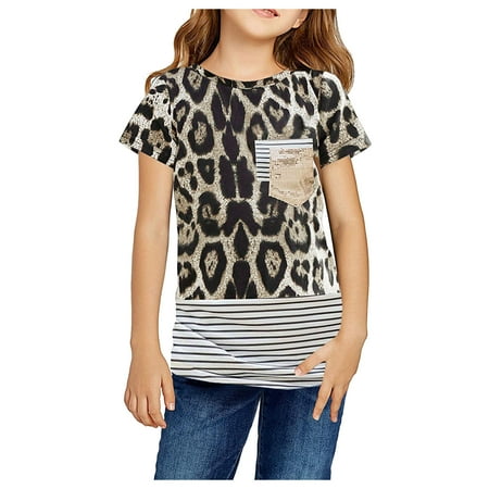 

Tops Camouflage T-shirt Printed Kids Leopard Girls Paillette Child Short Sleeve Girls Tops