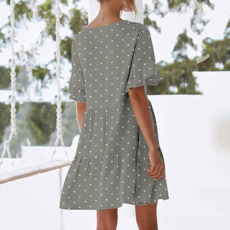 Leesechin Summer Dresses for Women Ladies Plus Size Elegant Dress Sweet & Cute V-Neck Mini Dress with Pocket Short Sleevele Ruffle Dress