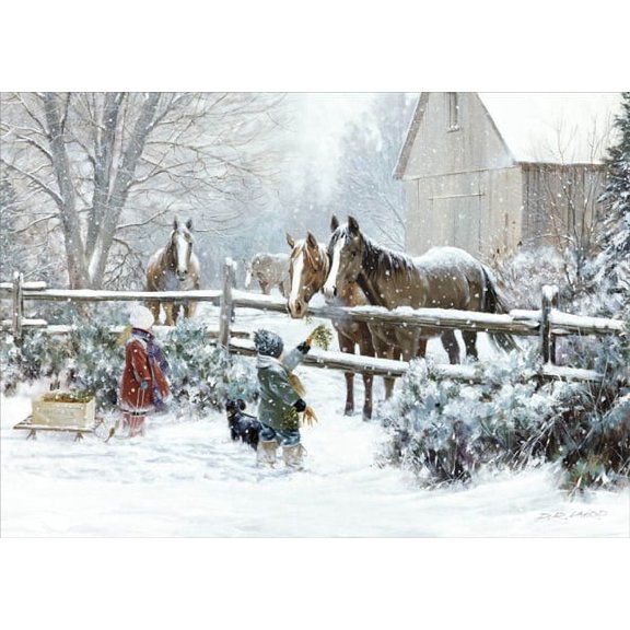 LPG Greetings Boy and Girl Feeding Horses D.R. Laird Country Christmas Card (1 card/1 envelope)