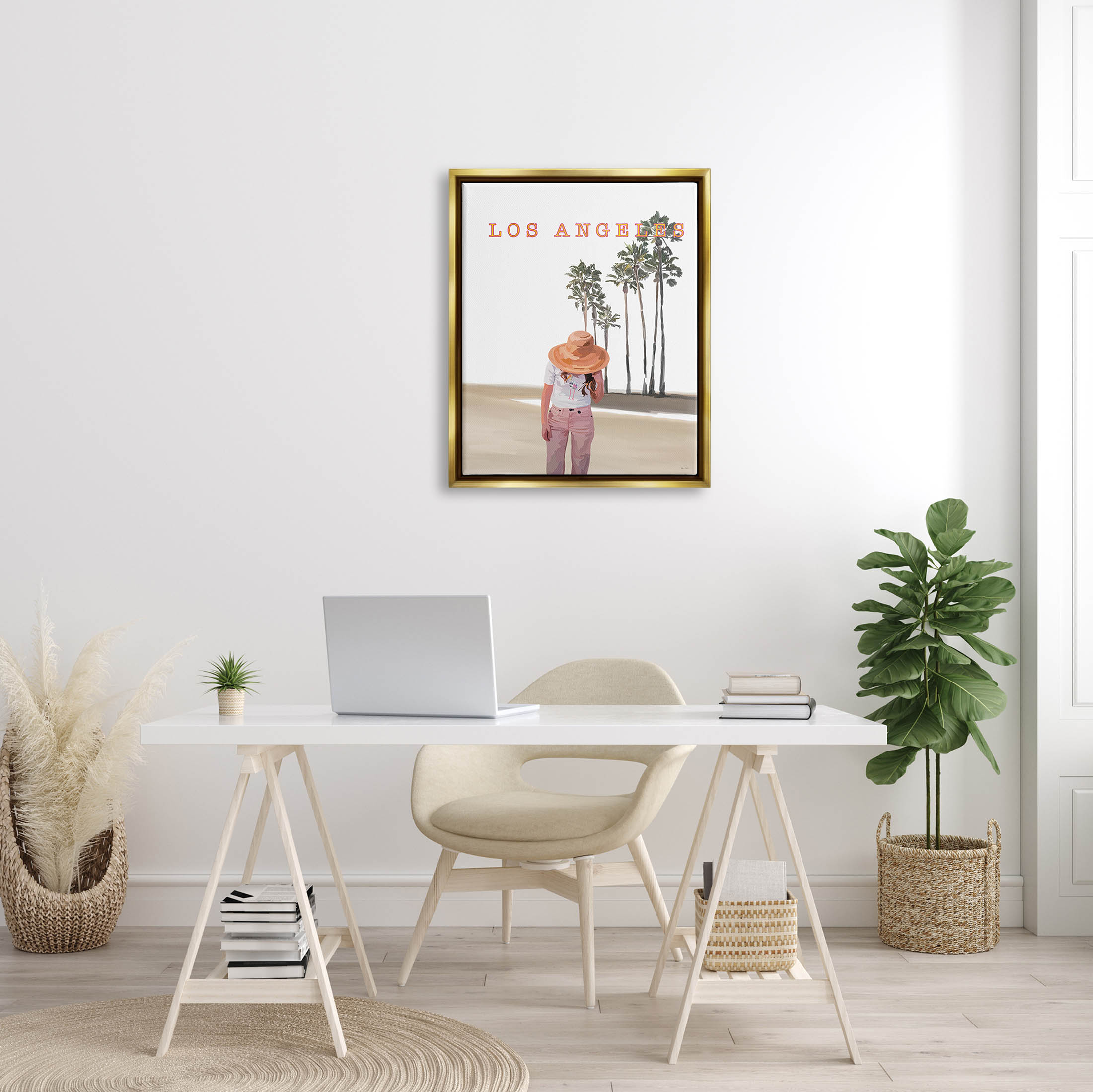 Stupell Industries Trendy Summer Girl Los Angeles Scenery Graphic Art Metallic Gold Floating Framed Canvas Print Wall Art, Design by Amelia Noyes