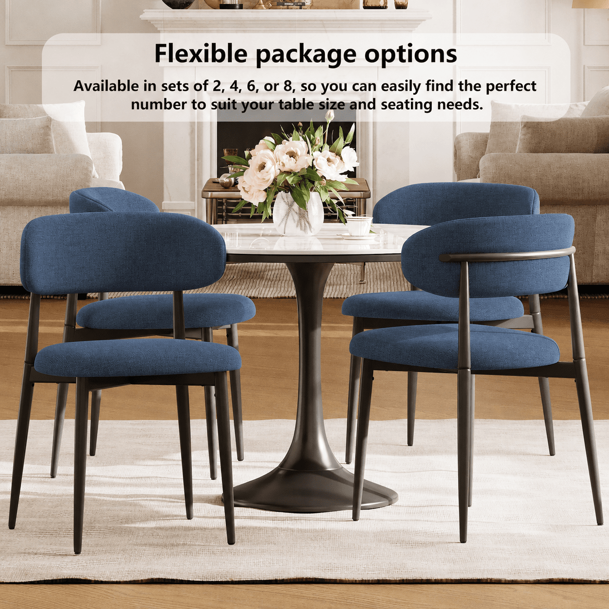 Dining Chairs Set of 2, Metal Kitchen Chairs with Modern Linen Fabric Upholstered for Dining Room, Navy Seat