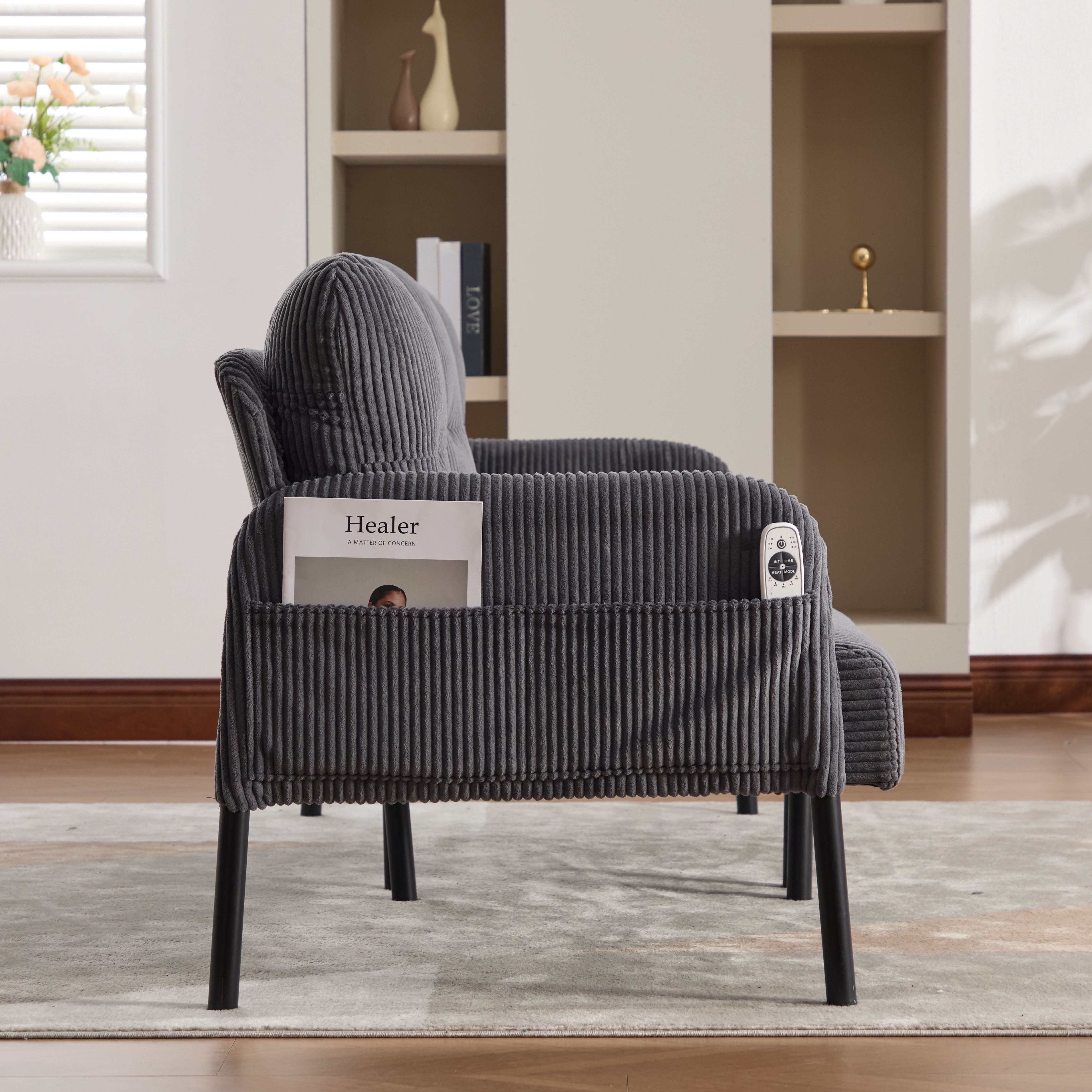 S-HOME Modern Plush Corduroy Upholstered Loveseat with Dual Side Pockets and Metal Legs, Sofa for Apartment, Carbon Gray
