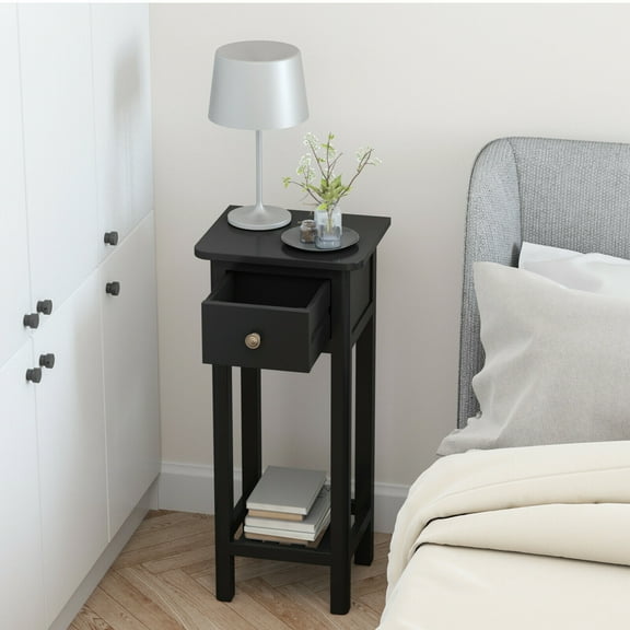Gymax Acacia Wood Side Table with Drawer, Black