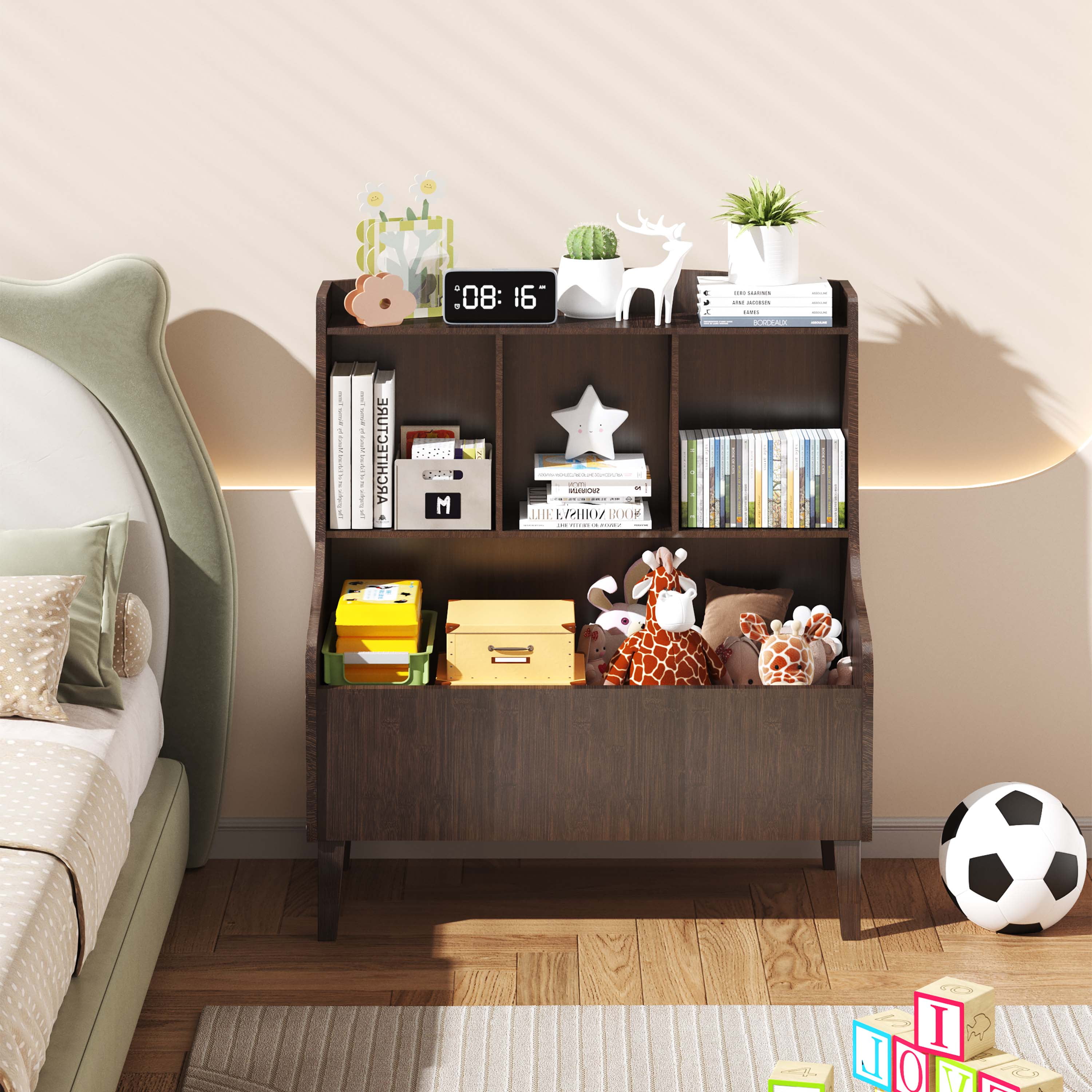 BALANBO Toy Storage Organizer, Kids Bookshelf Market Bin Cubby, Toy Chest for Playroom, Walnut