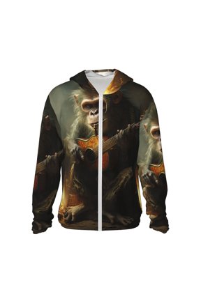 Women Men Sun Protection Hoodie Jacket Zip Long Sleeve Shirt Hiking Outdoor , Monkey Playing Guitar Funny
