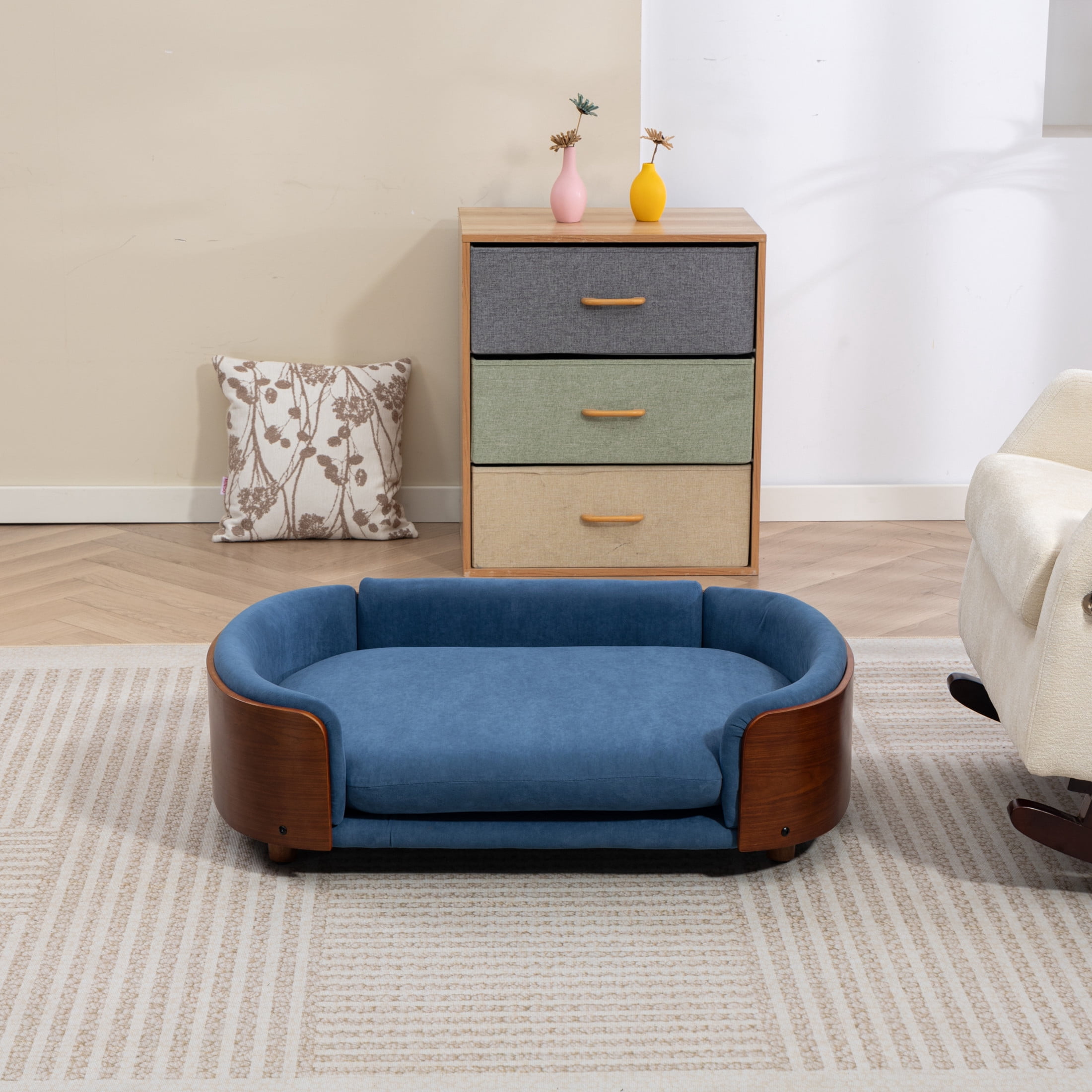 Noble House Scandinavian Elevated Large Dog Bed, Pet Sofa with Solid Wood Frame, Dark Blue and Walnut