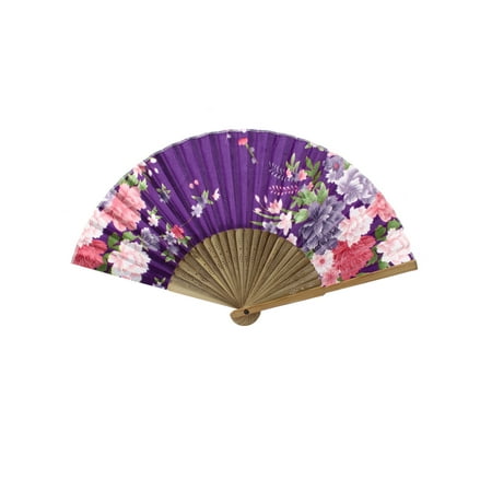 - Unique Bargains Flower Pattern Bamboo Ribs Folding Hand Fan Beige Purple