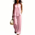 thumbnail image 4 of Mifsaly Linen 2 Piece Set for Women Sleeveless V Neck Button Down Shirt and High Waisted Wide Leg Pants Vacation Beach Summer Matching Lounge Outfits Pink,XXL, 4 of 6