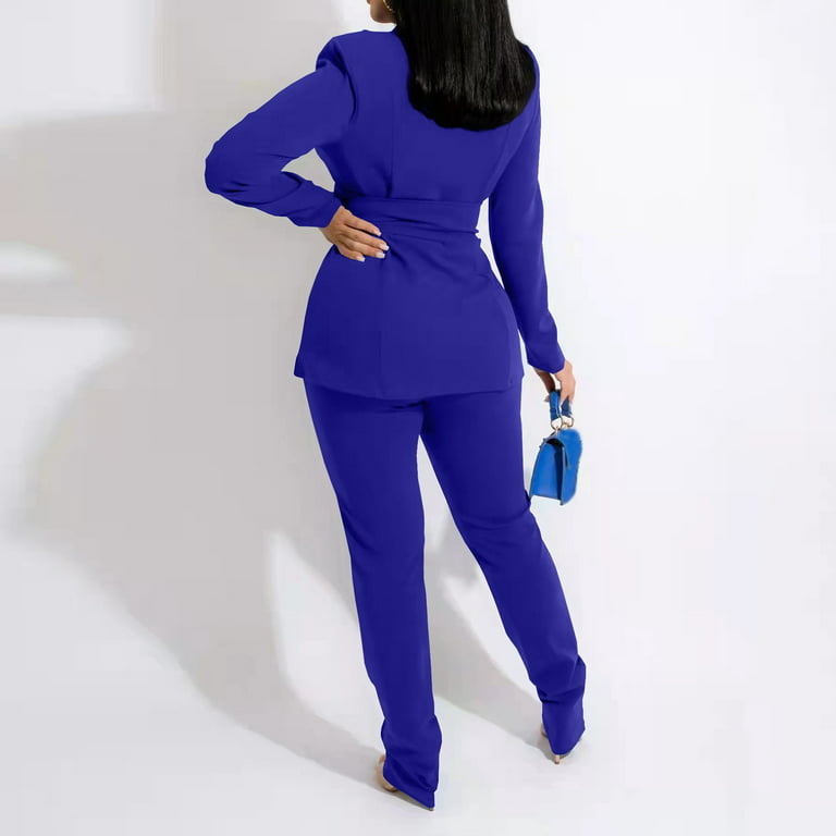 Frehsky Women'S Two Piece Lapels Suit Set Office Business Long Sleeve  Formal Jacket Pant Suit Slim Fit Trouser Jacket Suit With Waist Belt Blue