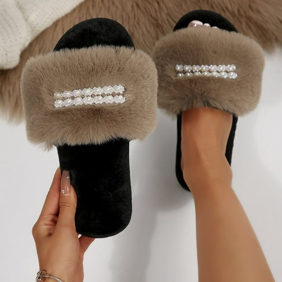 Heisall Women's Fashionable Casual Rhinestone Velvet House Slippers Indoor Outdoor Flat Soft Sandals with Anklet for Fall Winter Daily Wear