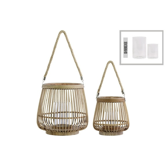 Bamboo Round Lantern with Rope Hangers Set of 2 Brown - Benzara
