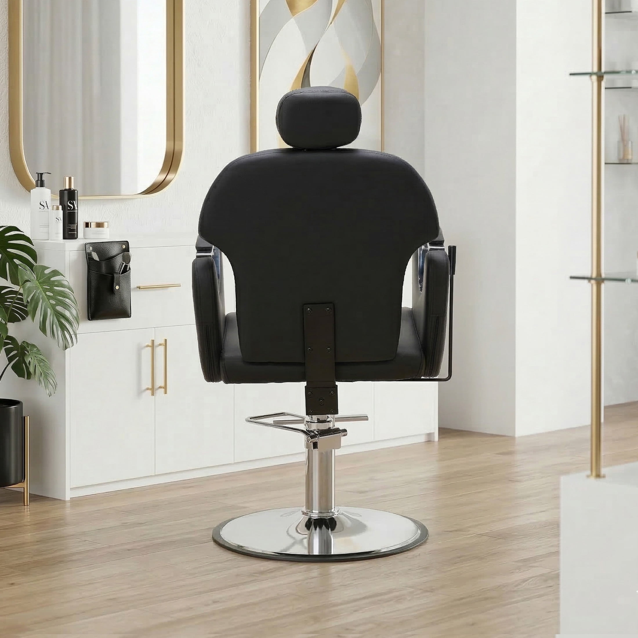 Noble House Hydraulic Barber Chair, Reclining Salon Styling Chair, PU Upholstery, Black + Chrome