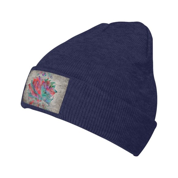 ZICANCN Lotus Feathers Boho Knit Bonnet Casquette d'Hiver Hat, Doux Chaud Chapeaux Classiques pour Hommes Femmes, Bleu Marine