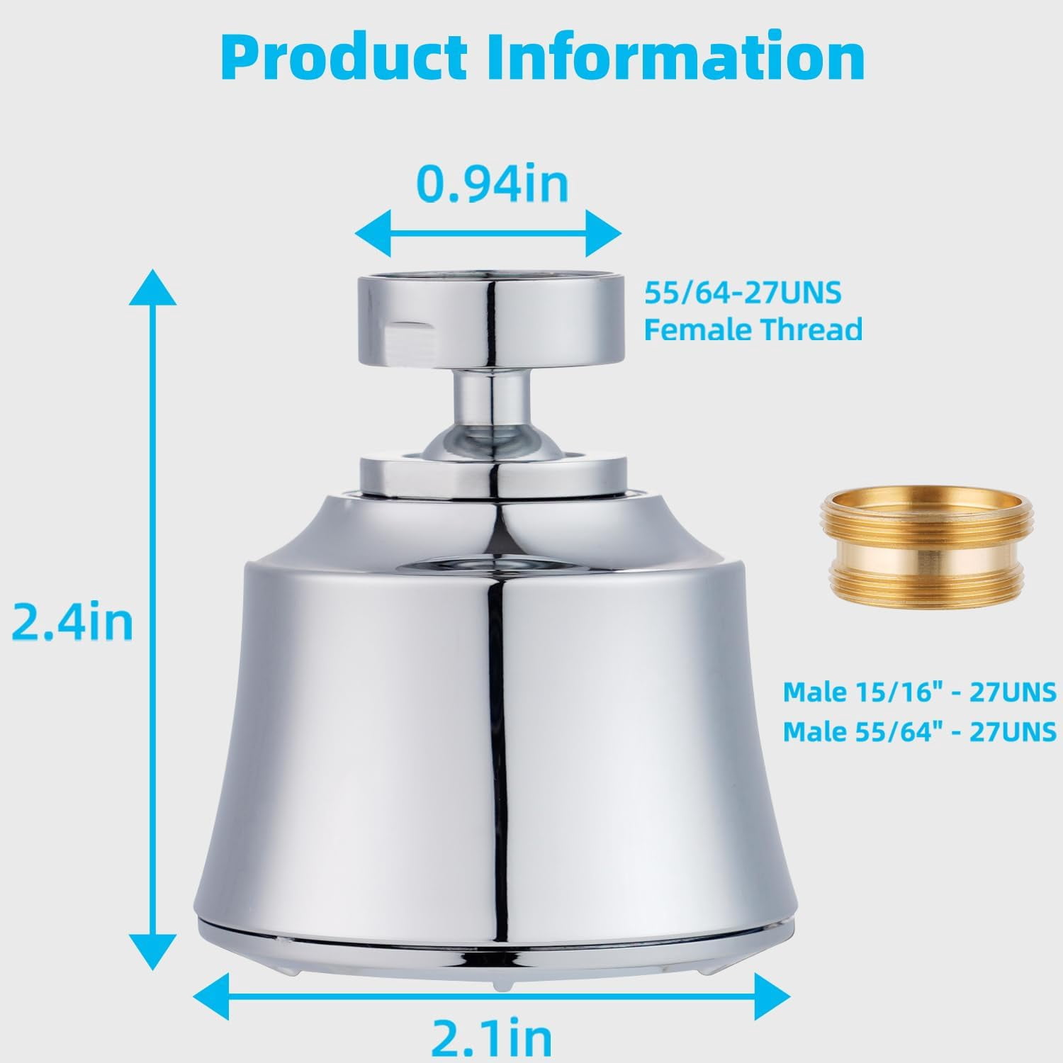 Kitchen Sink Faucet Head with Metal Ball Joint, 360° Swivel Faucet Sprayer Head, Big Angle Sink Faucet Aerator Adapter 55/64-27UNS Female Thread, 4 Spray Modes, Extra Metal Adapters, Chrome