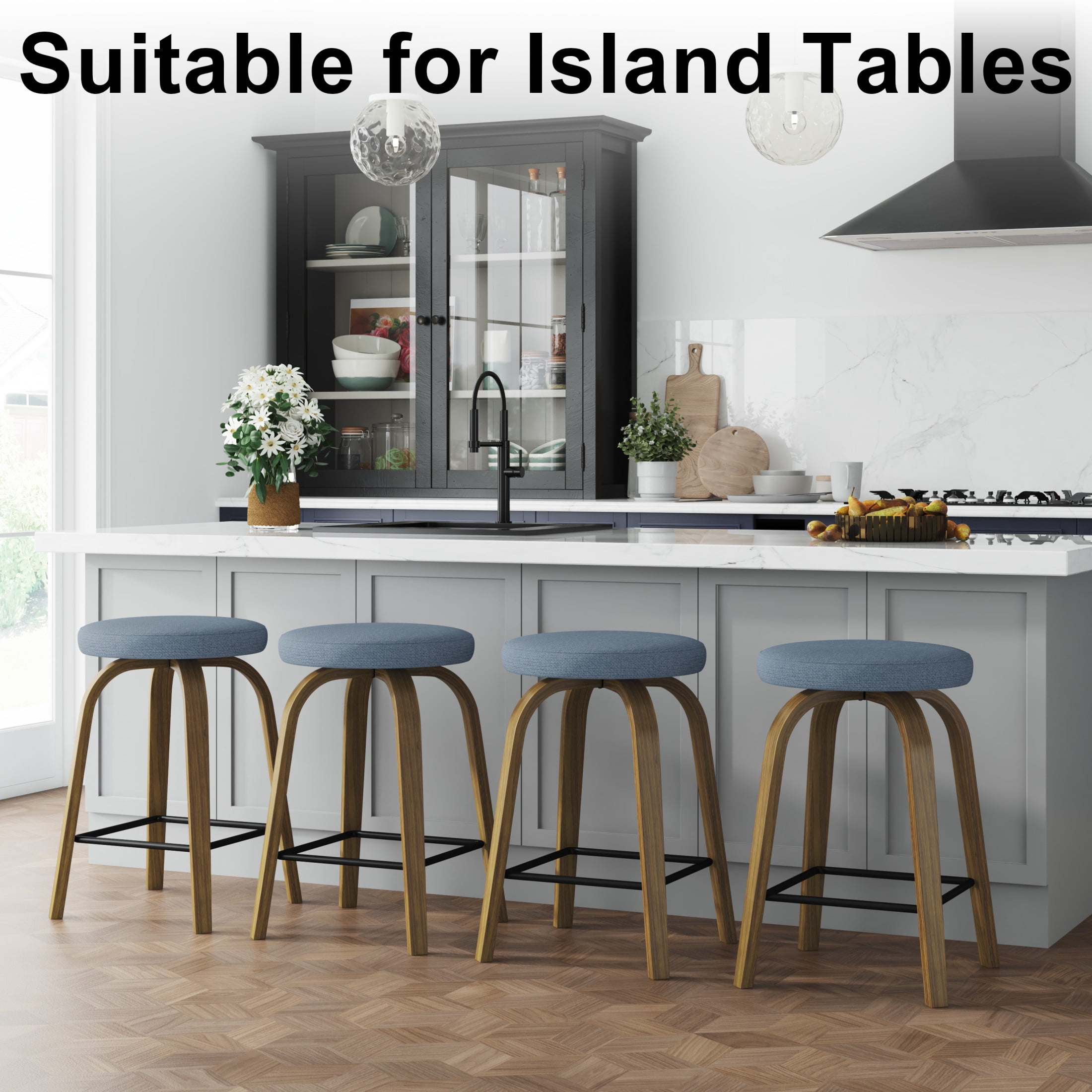 Noble House Florin 26" Swivel Backless Counter Height Bar Stools with Upholstered Seat & Bentwood Legs, Blue, Set of 2