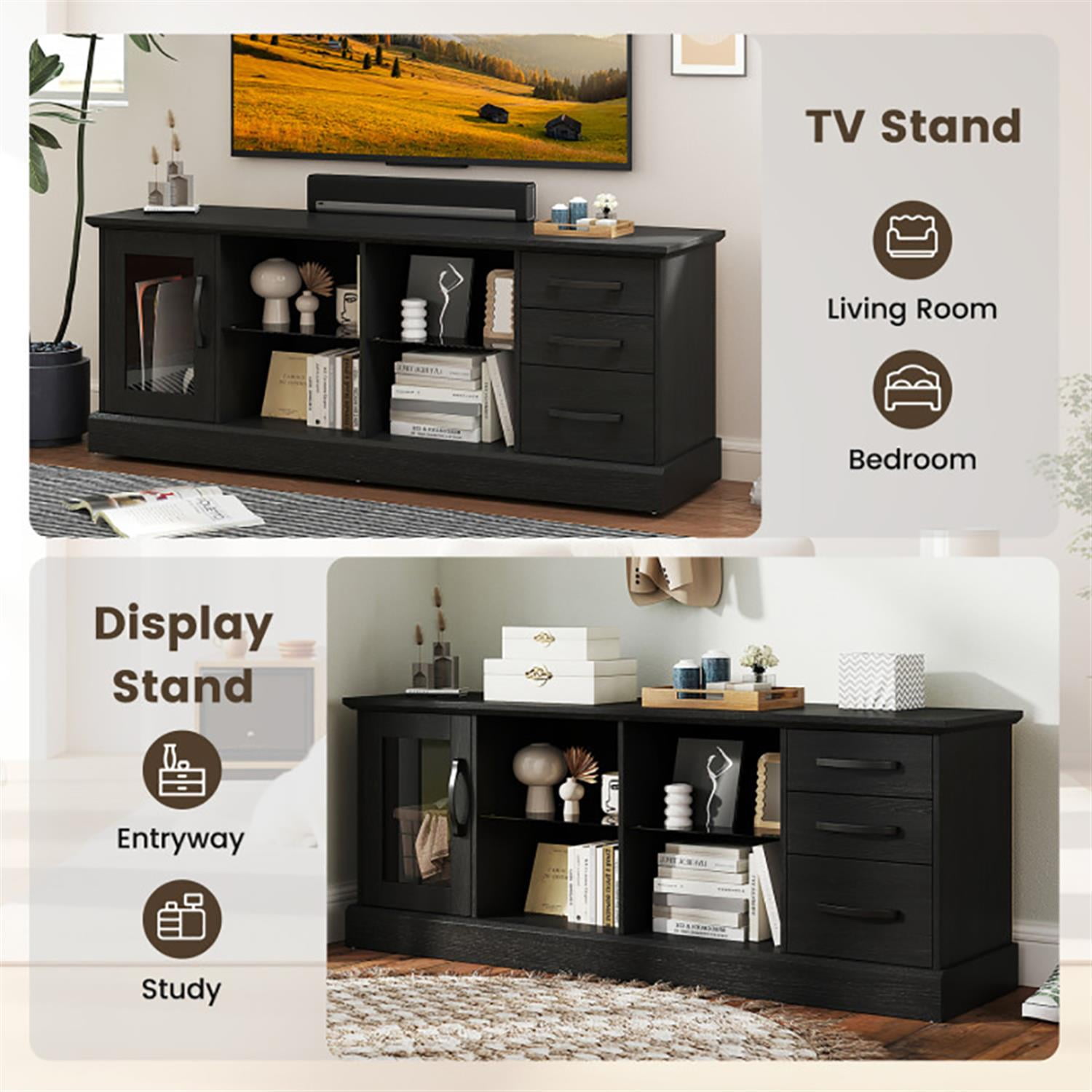 Demi Bonn TV Stand for 65" TVs, Entertainment Center with 3 Drawers and 2 Glass Shelves, Modern Media TV Console Table for Living Room Bedroom, Black